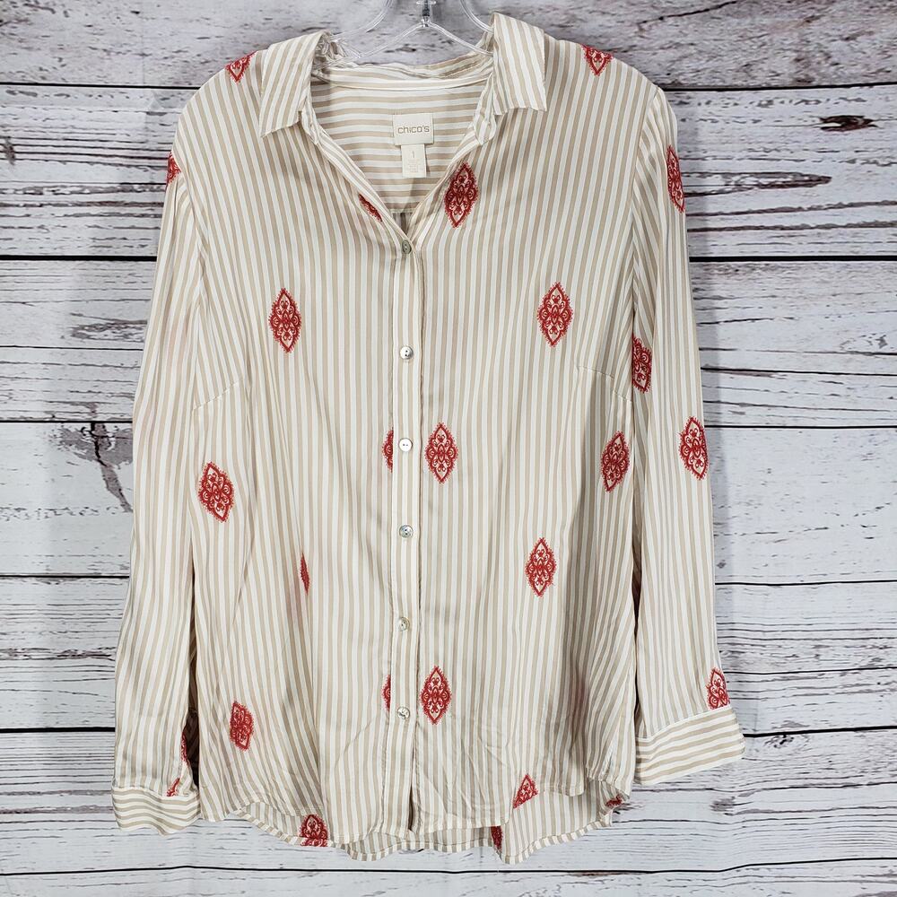 Chico's Women's Stripe Embroidered Button Up Long Sleeve Top Size 1 US. Medium